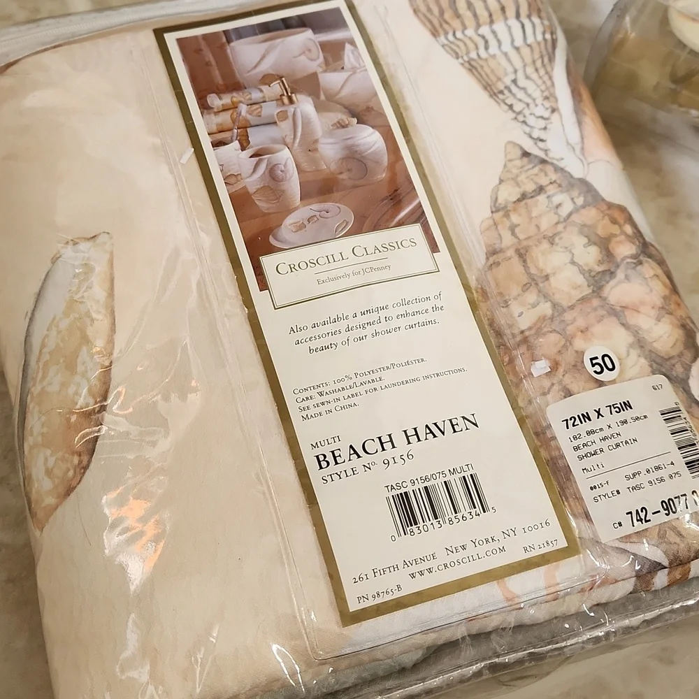Vintage Y2K Croscill Beach Haven Shower Curtain With Shell Hooks Set